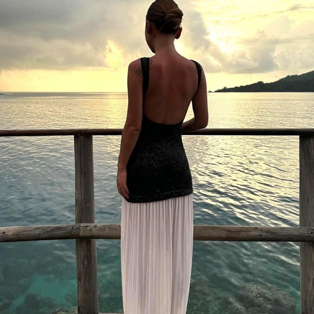 EB | Ärmelloses langes Kleid mit Pailletten und Neckholder