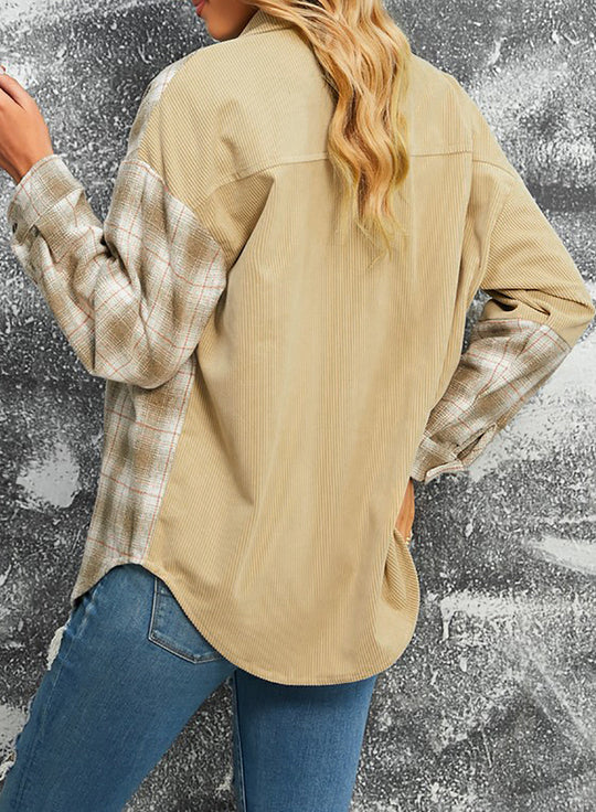 EB | Karierte Farbblock Gefallen Schulter Corduroy Shacket