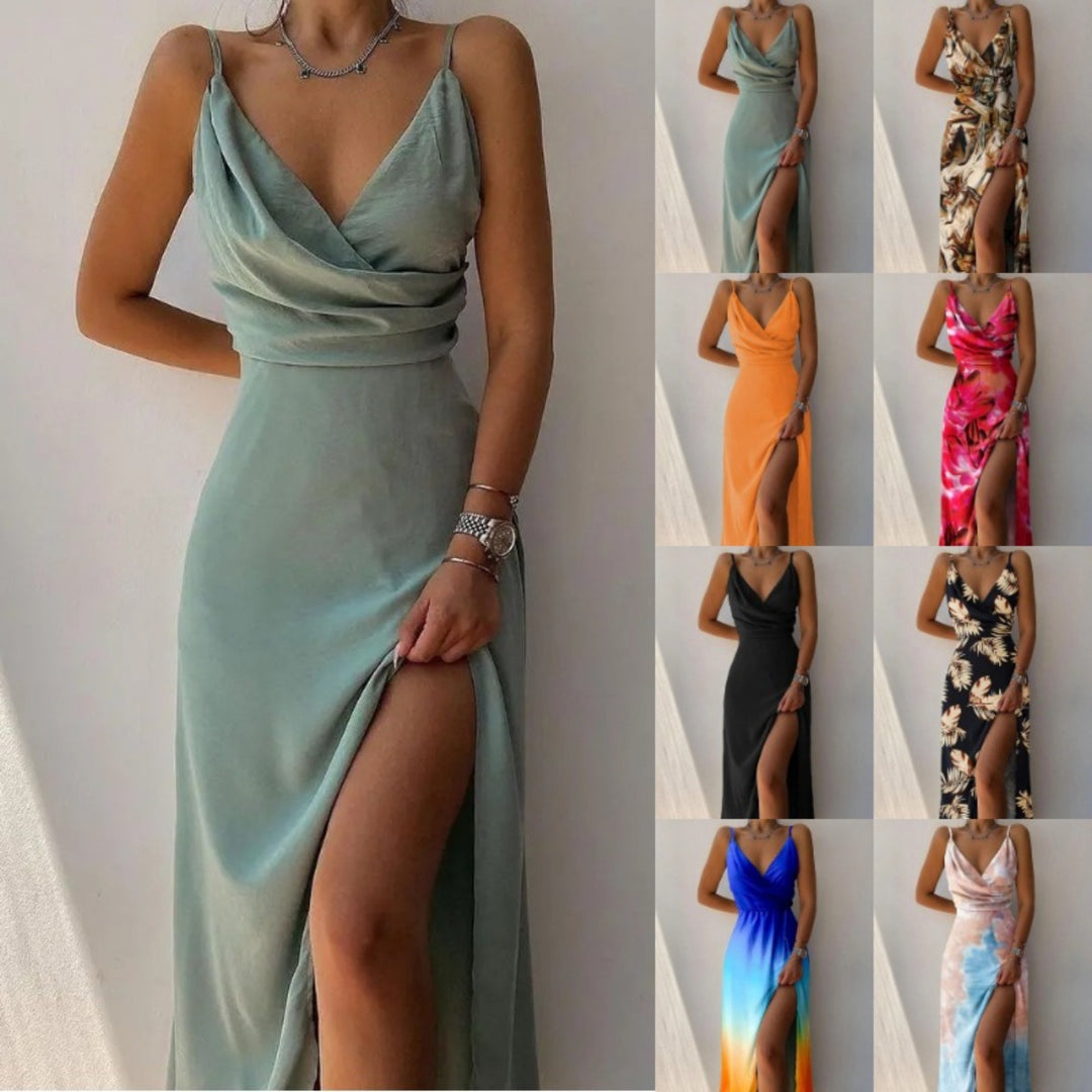 EB | Kleid mit Hosenträgern und V-Ausschnitt mit geteiltem Print