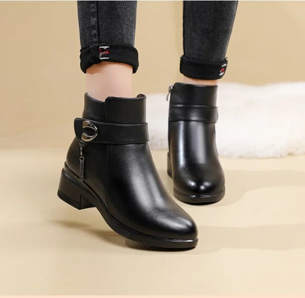 EB | Damen Echtes Leder Metall Schnalle Samt Stiefel