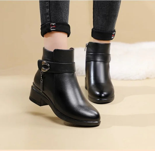 EB | Damen Echtes Leder Metall Schnalle Samt Stiefel