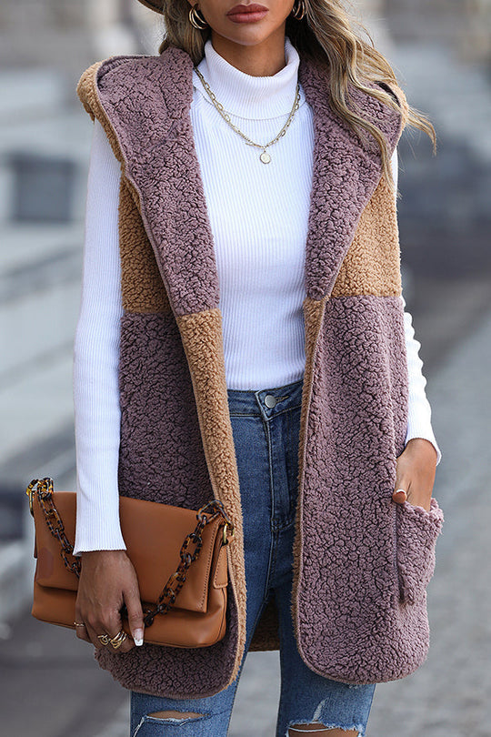 EB | Ärmelloser Colorblock-Taschenloser Mid-Length Cardigan Puff-Velours-Jacke