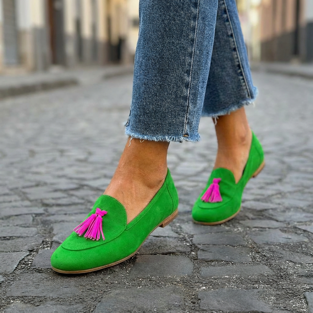 Grüne Loafer mit Pinker Fransenapplikation EB EB