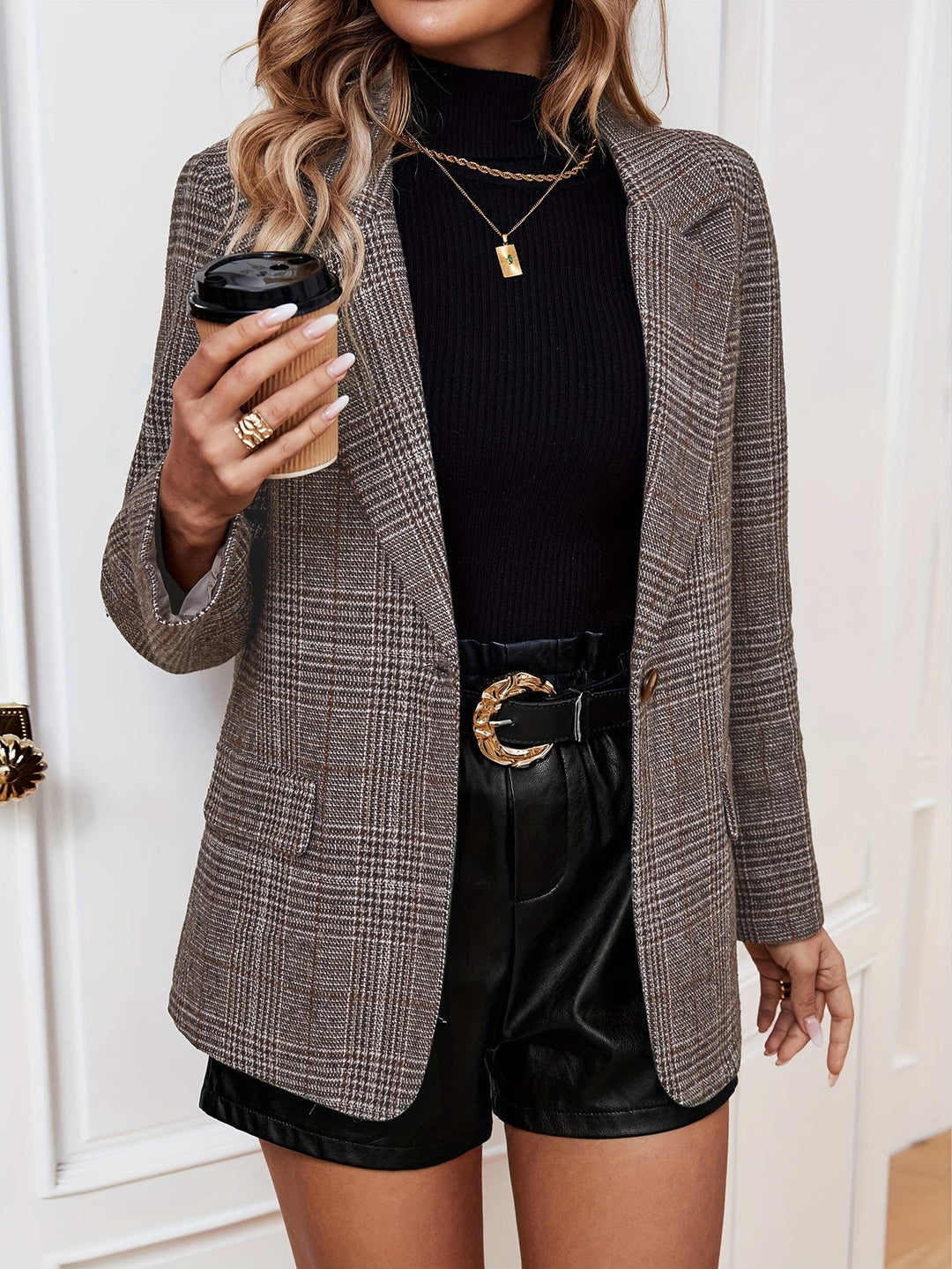 EB | Eleganter Business Long Blazer mit Karomuster und aufgesetztem Revers Ideal für alle Jahreszeiten