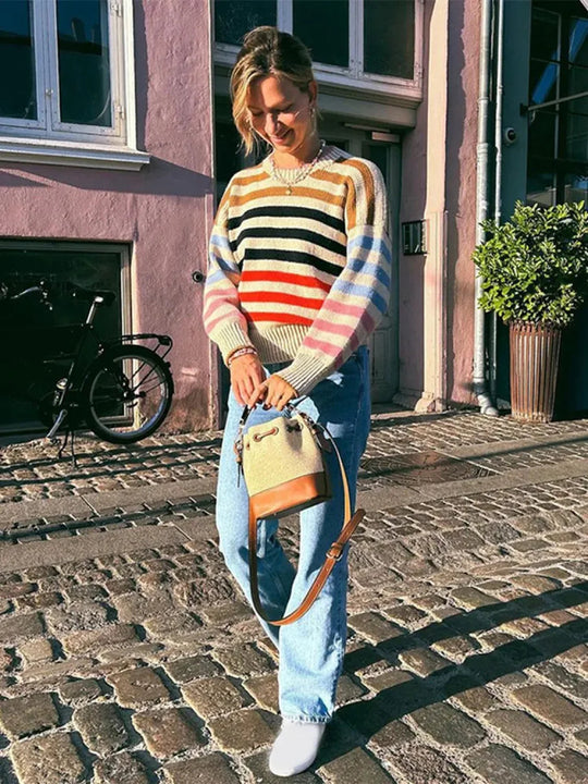 EB | Bunter Gestreifter Vintage Strickpullover mit Rundhalsausschnitt