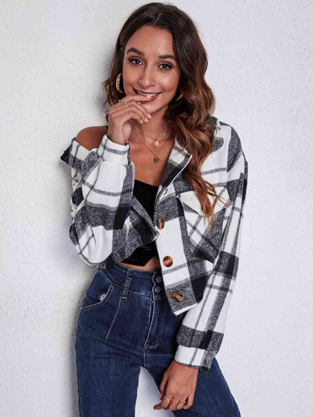 EB | Karierter Knopf-Front-Jacke mit Taschen