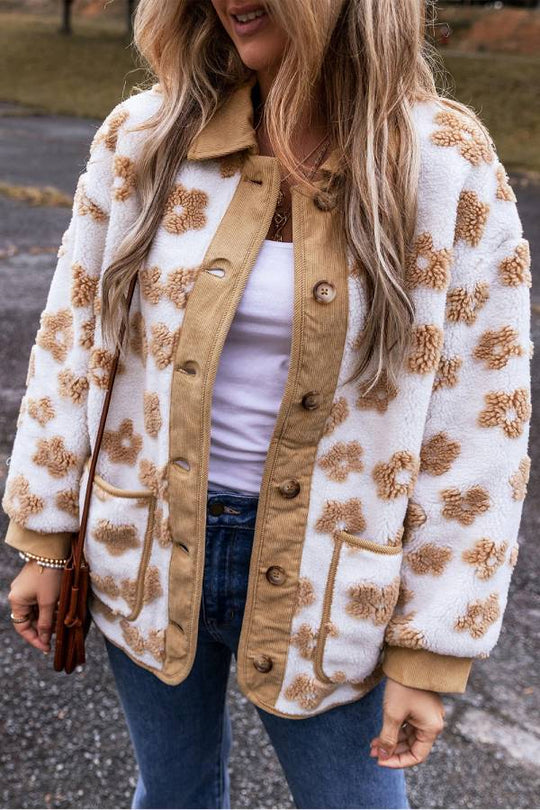 EB | Französisches Beige Süßes Blumenmuster Knopfleiste Fleecejacke