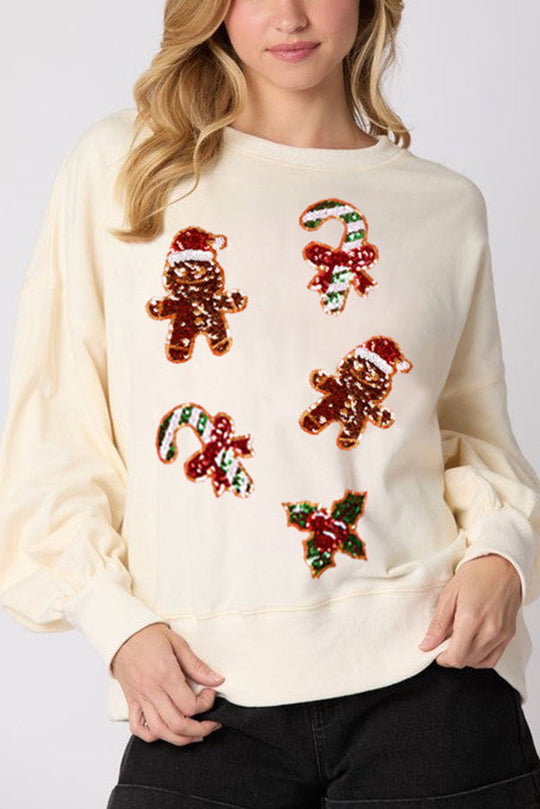 EB | Weihnachts Lebkuchenmann Paillette Lässig Langarm Sweatshirt