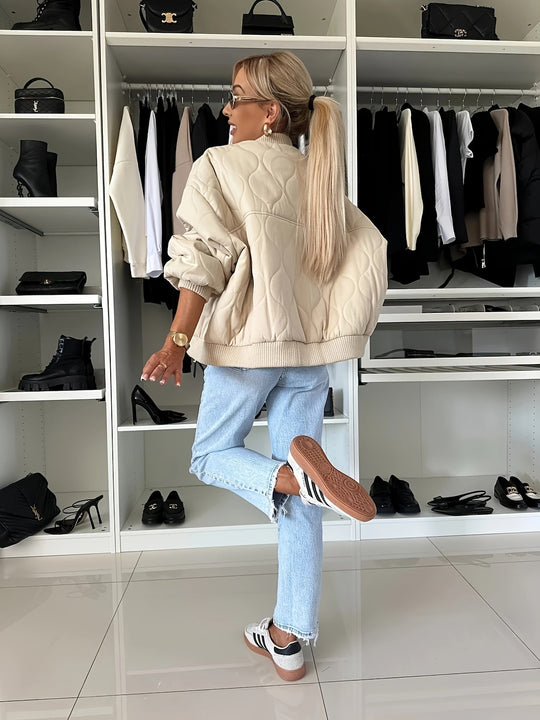 EB | Gequiltete Jacke Farbblock Warmer Pufferjacke Reverskragen und Taschen Ideal für Frühling/herbst