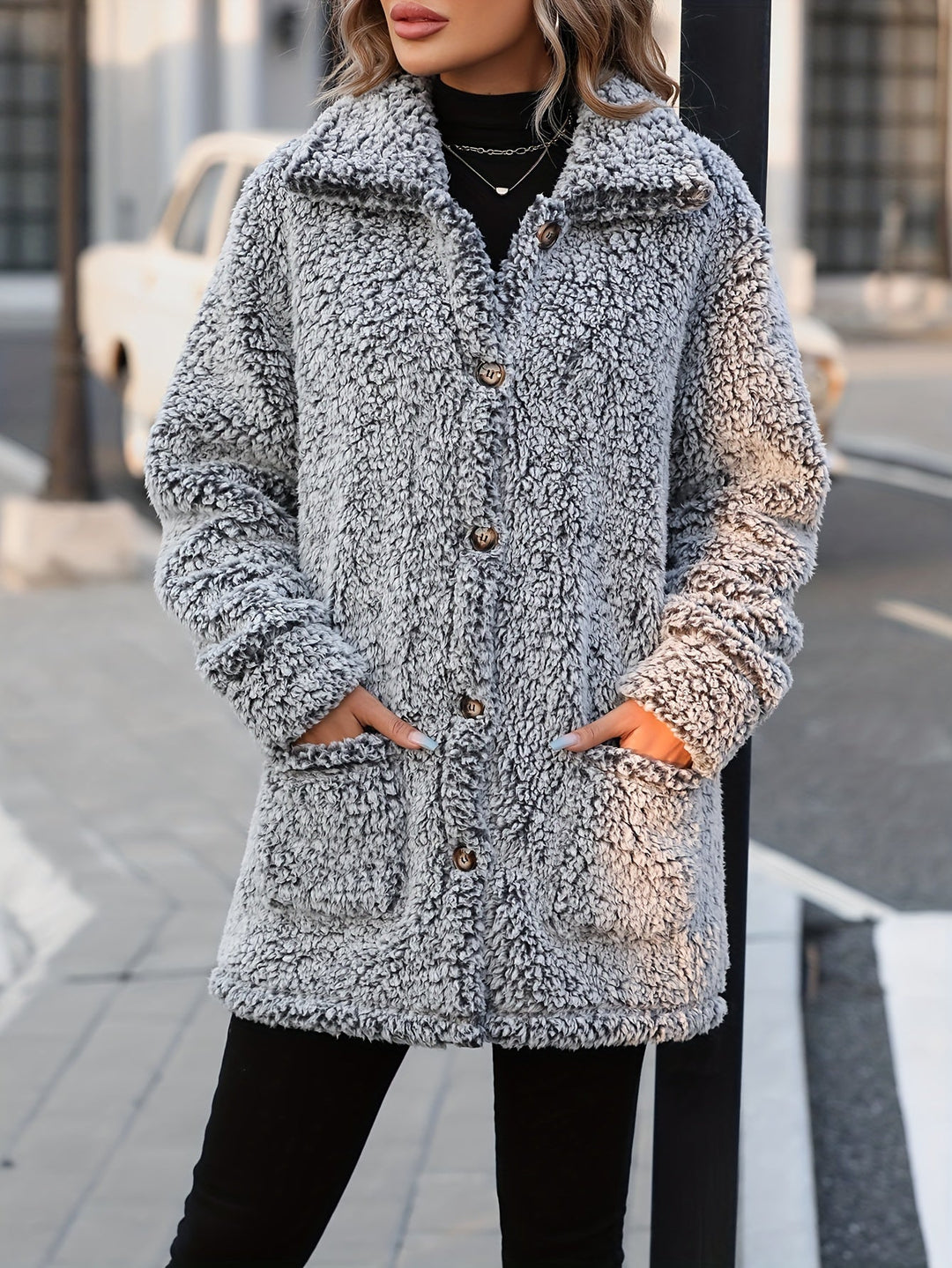 EB | Lange Teddyjacke mit Knöpfen Polyester Komfortabel und Warm