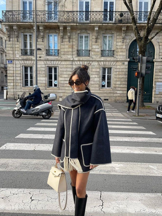 EB | Mantel Poncho-Stil - Oversized Passform - Wollmischung - Hoher Kragen - 3/4 Ärmel