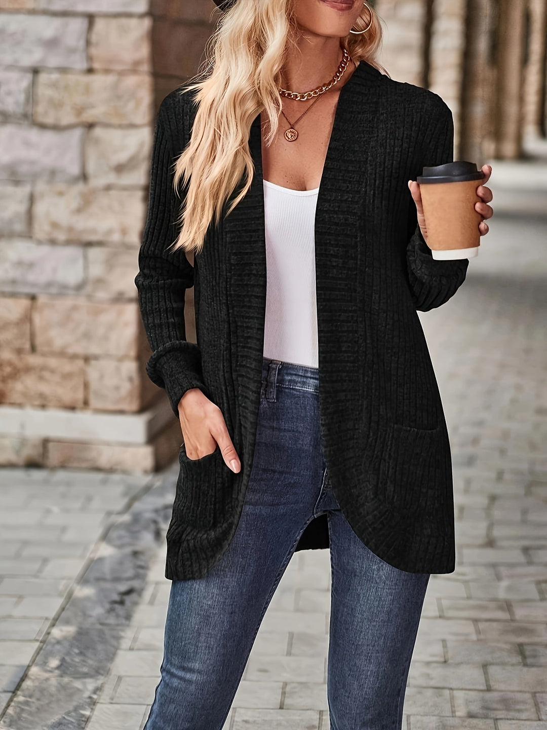 EB | Damen Gerippter Offener Vorderseite Strickjacke Lange Ärmeln Lässig Strickpullover mit Taschen