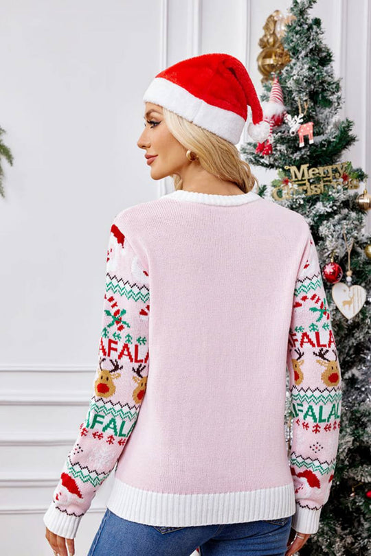 EB | Locker Sitzende Rundhals Weihnachts Cartoon Strickpullover - Pink