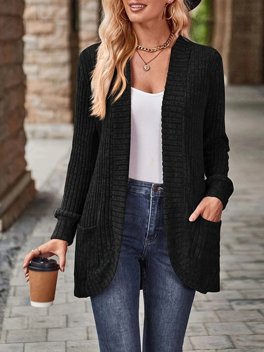 EB | Damen Gerippter Offener Vorderseite Strickjacke Lange Ärmeln Lässig Strickpullover mit Taschen