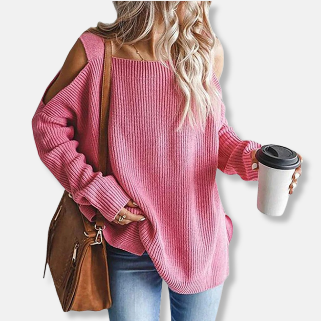 EB | Sweatshirt Offene Schulter Strick Lockere Passform Strukturierter Stoff