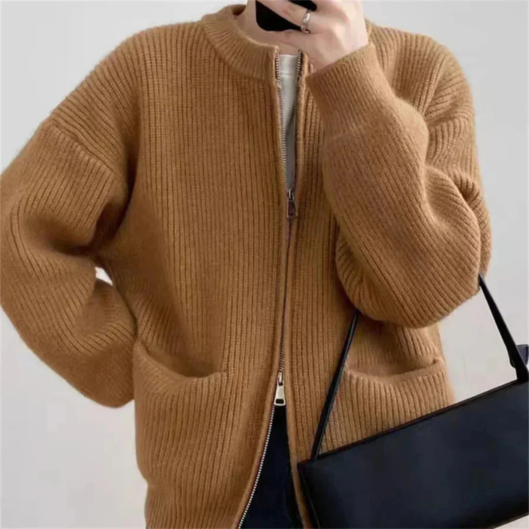 EB | Strickjacke Gerippte Textur Reißverschluss Oversized Passform mit Taschen