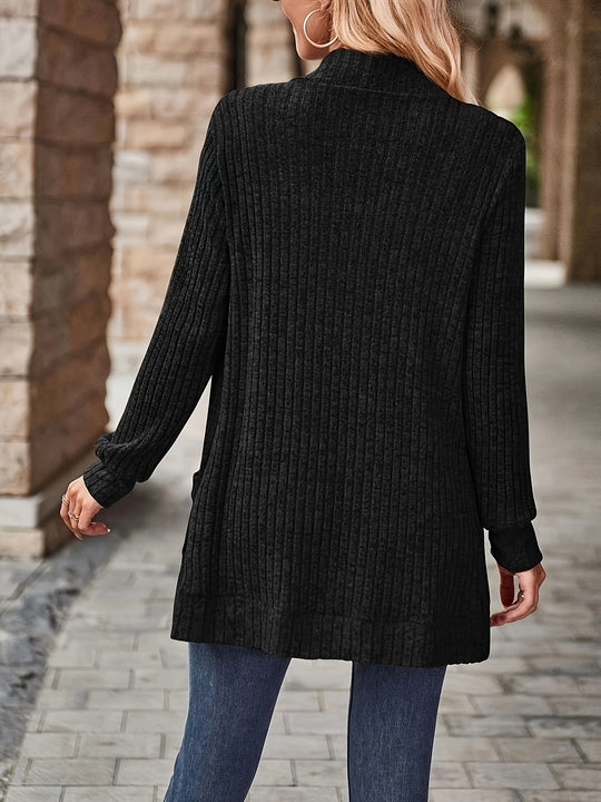 EB | Damen Gerippter Offener Vorderseite Strickjacke Lange Ärmeln Lässig Strickpullover mit Taschen