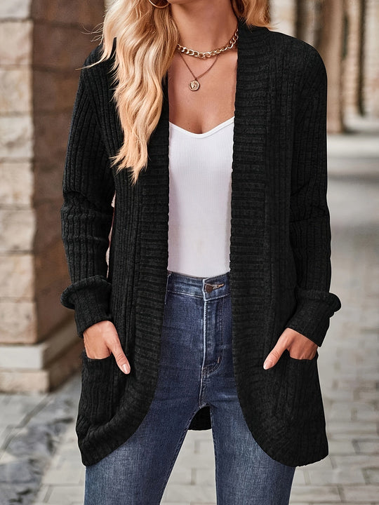 EB | Damen Gerippter Offener Vorderseite Strickjacke Lange Ärmeln Lässig Strickpullover mit Taschen