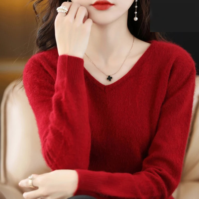 EB | Pullover Damen V-ausschnitt Leichter und Weicher Strickpullover
