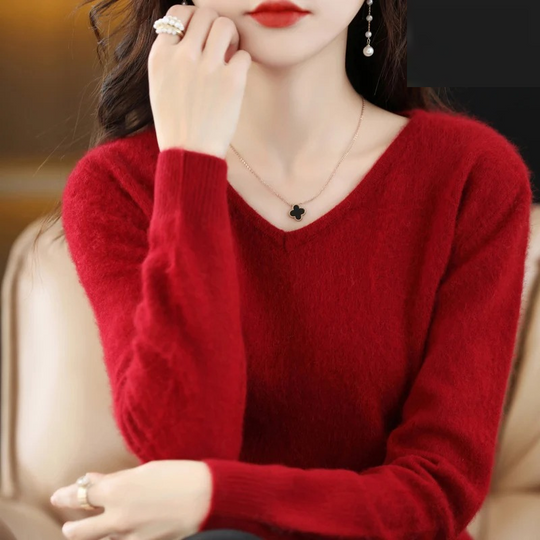 EB | Pullover Damen V-ausschnitt Leichter und Weicher Strickpullover