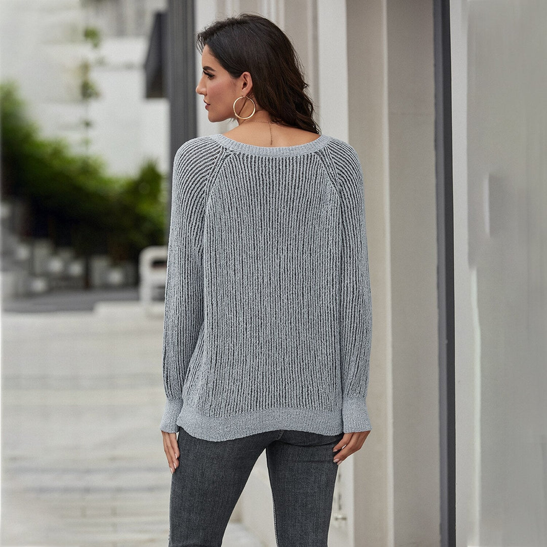 EB | Strickpullover Lockere Passform V-Ausschnitt Rippstruktur Lange Ärmel