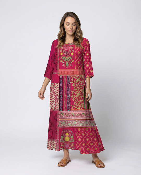 Damen Boho-Kaftan-Kleid mit Fließendem Stoff & Beinschlitz | EB