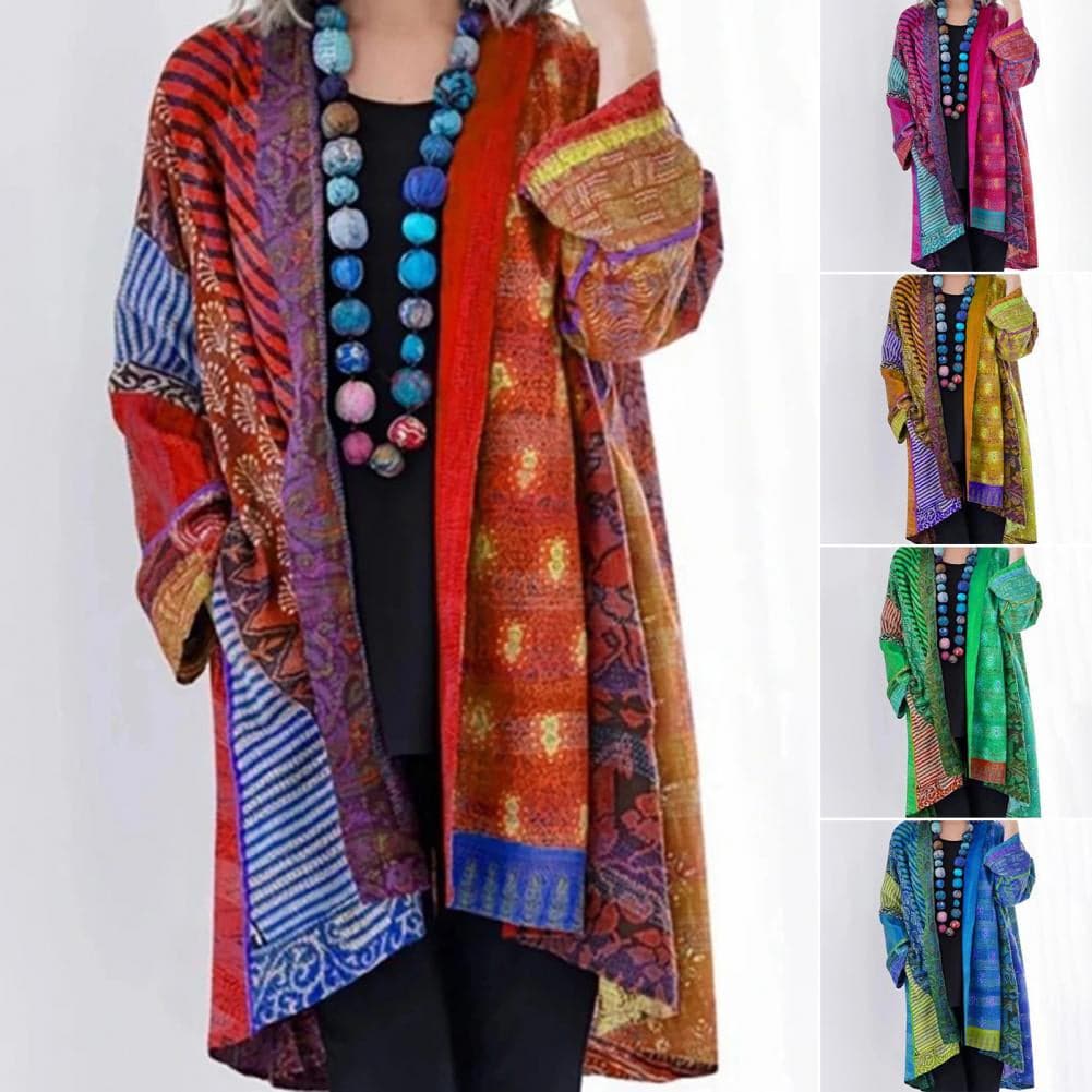 EB | Kimono-Jacke - Bohemian-Patchwork-Design - Leicht und Luftig - Langärmlig Offene Vorderseite