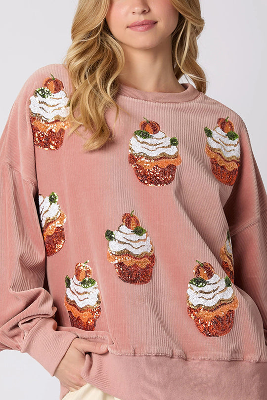 EB | Weihnachts-Pumpkin-Kuchen Pailletten Rundhals Lockeres Sweatshirt