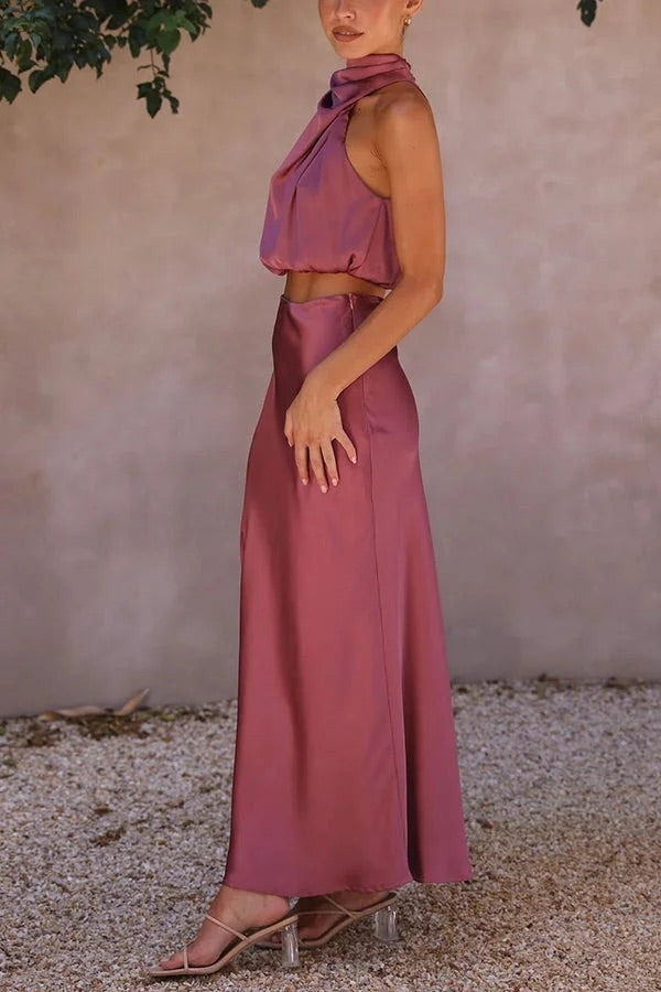 EB | Solch Eine Stimmung Hochgeschlossene Satin Drapiert Maxirock Set
