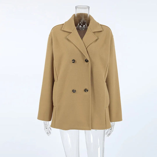 EB | elegante braune Wolljacke mit doppelter Knopfreihe, halblang