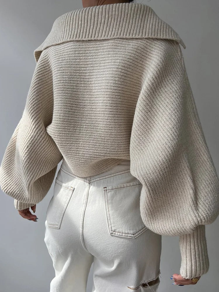 EB | Gemütlicher Strickpullover mit Laternenärmeln und Offenem Kragen