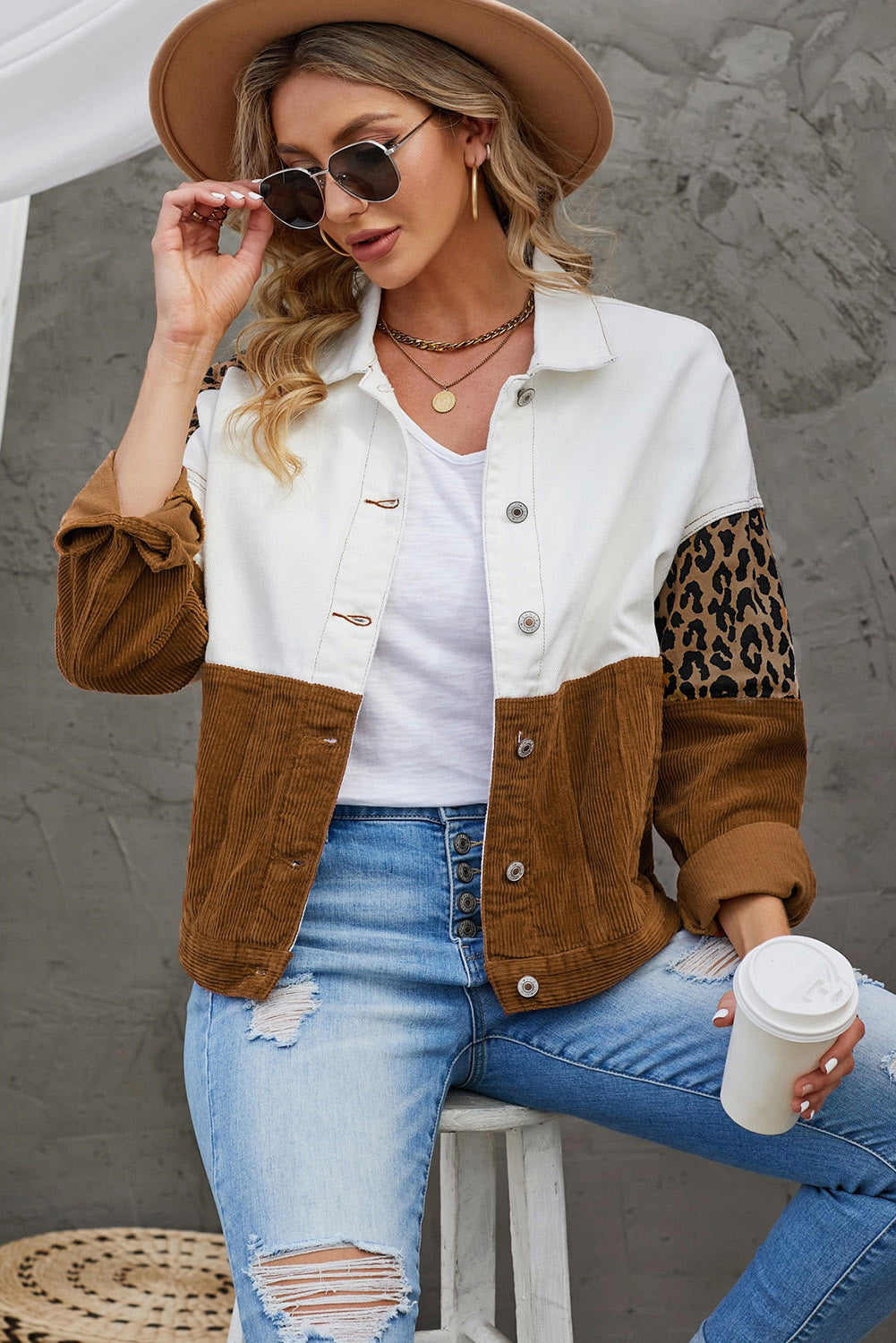EB | Leopard Farbblock Knopfleiste Cord Baumwolljacke