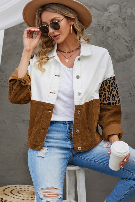 EB | Leopard Farbblock Knopfleiste Cord Baumwolljacke