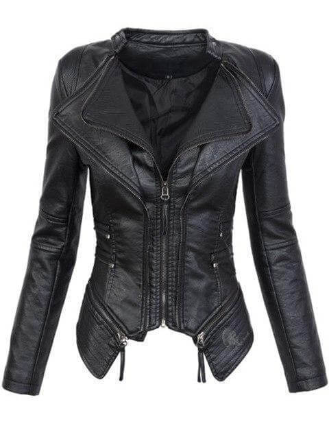 EB | Damen Schwarze Asymmetrische PU-Leder Bikerjacke
