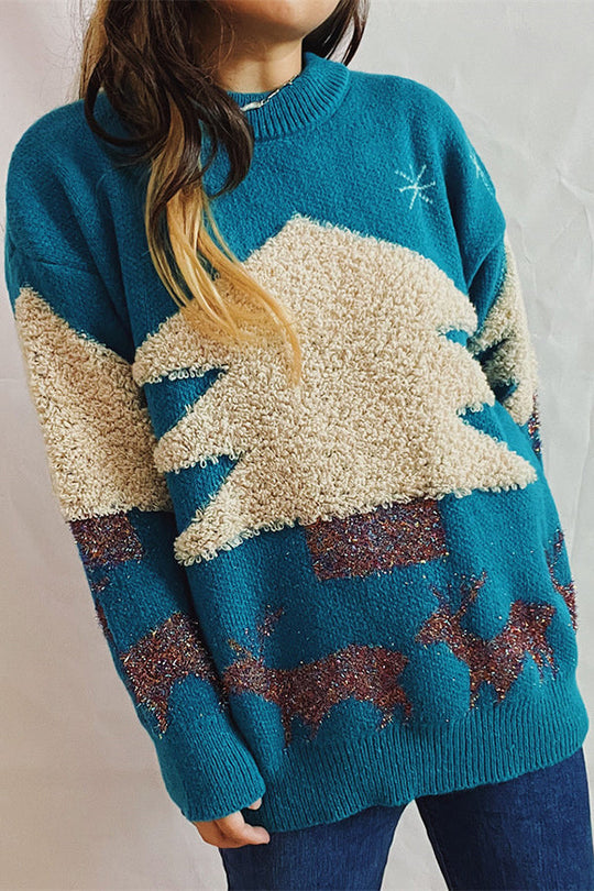 EB | Weihnachtsmuster Gestrickter Rundhalsausschnitt Langarmpullover