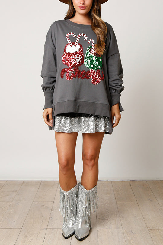 EB | Weihnachts Süßigkeiten Tasse Pailletten Lässiger Lockere Sweatshirt
