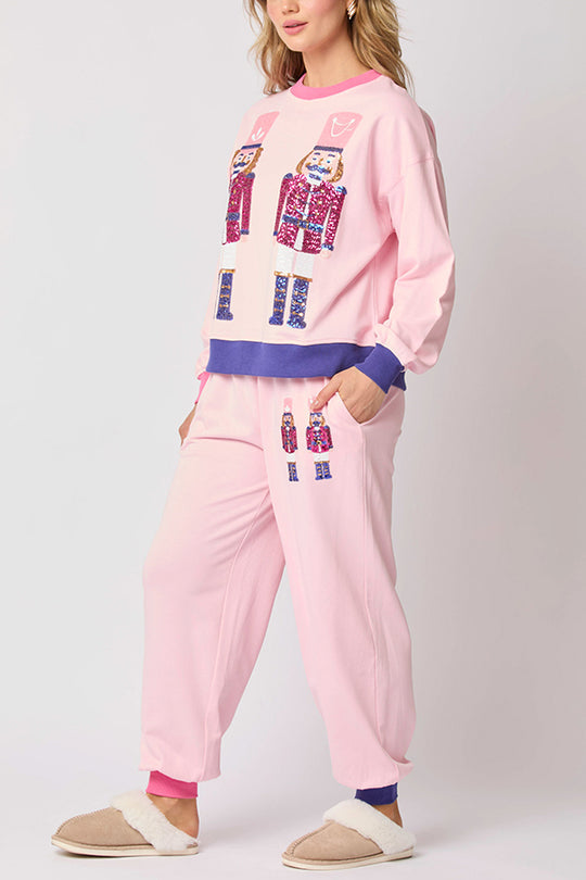 EB | Weihnachtsmann Pailletten Freizeit Sweatshirt und elastische Taillen lockere Taschenhose Set