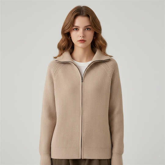 EB | Strickjacke Passformted Passform Rippstrickwolle Hoher Kragen Reißverschlussverschluss
