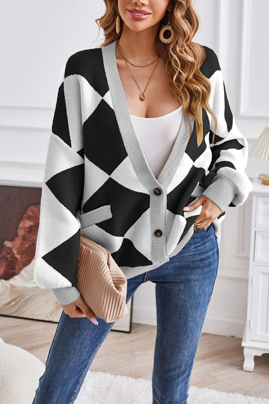 EB | Hals geometrisches Patchwork kontrastierender Strickcardigan lässige lockere Jacke
