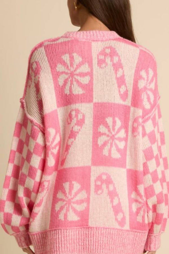 EB | Weihnachts-Schneeflocke Bonbon runder Hals langer Ärmel loser gestrickter Pullover