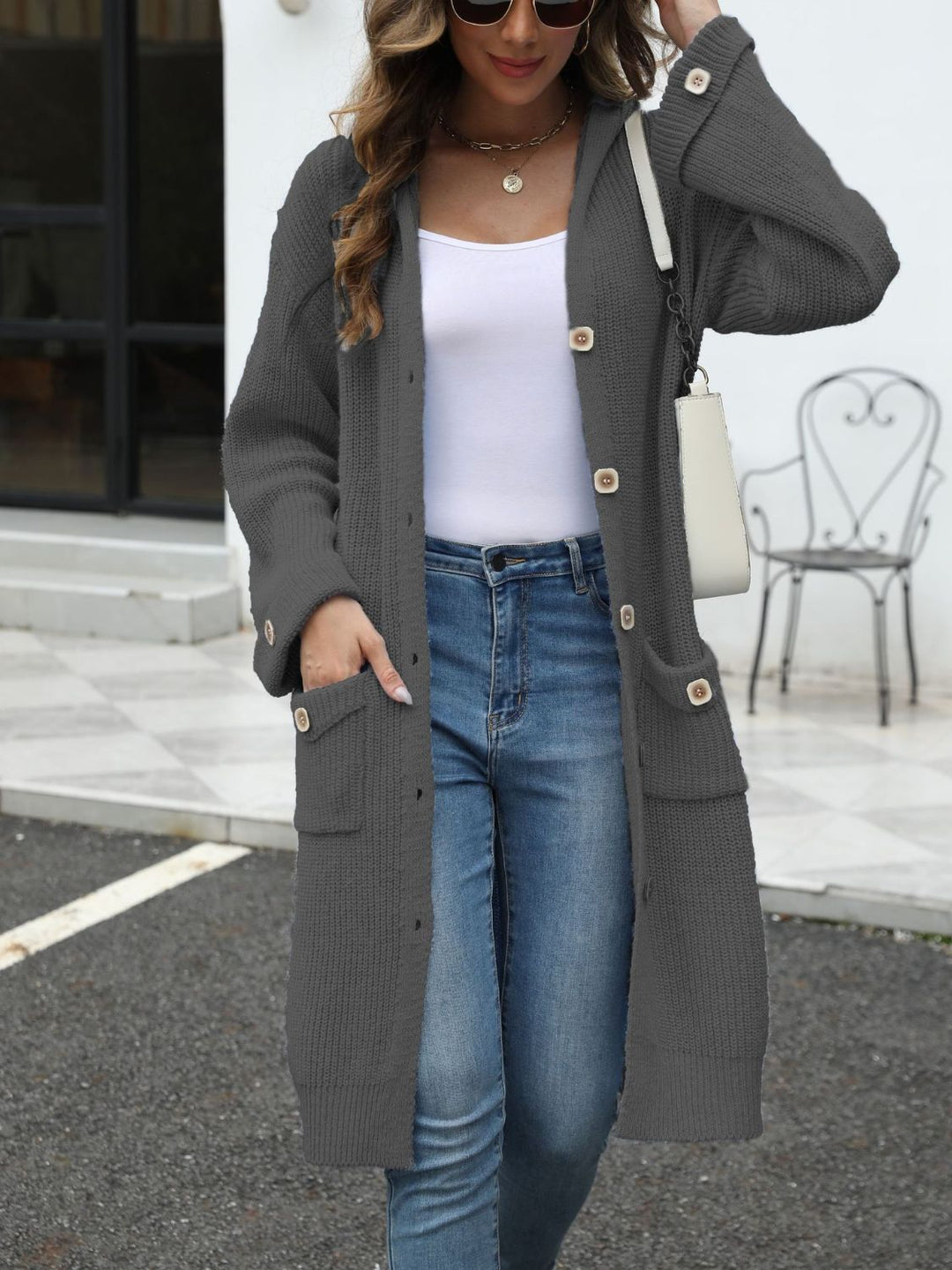 EB | Lange Strickjacke Knopfverschluss Zeitlos und Bequem