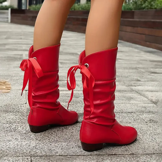 EB | Damenmode Schnürung Chunky Heel Stiefel Bis Zur Wade