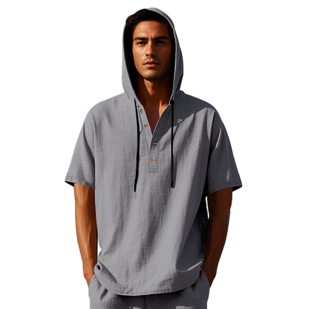 EB | Leinen-Knopf-Strand-Kapuzen-Henley-Shirt
