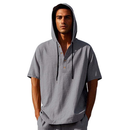 EB | Leinen-Knopf-Strand-Kapuzen-Henley-Shirt