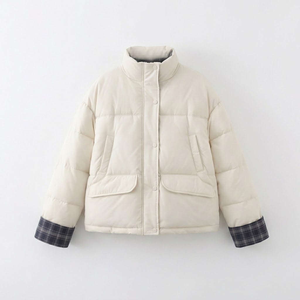 Damen nan kurzer wattierter Boxy-Blouson mit kariertem Innenfutter, hohem Kragen und aufgesetzten Klappentaschen EB