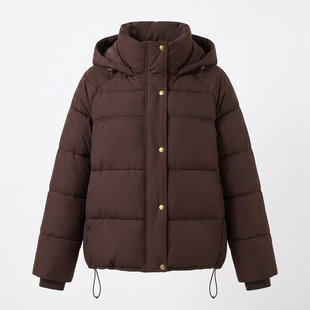 Damen nan kurzer wattierter Oversize-Steppjacke mit hohem Stehkragen und verstellbarem Kordelzug EB