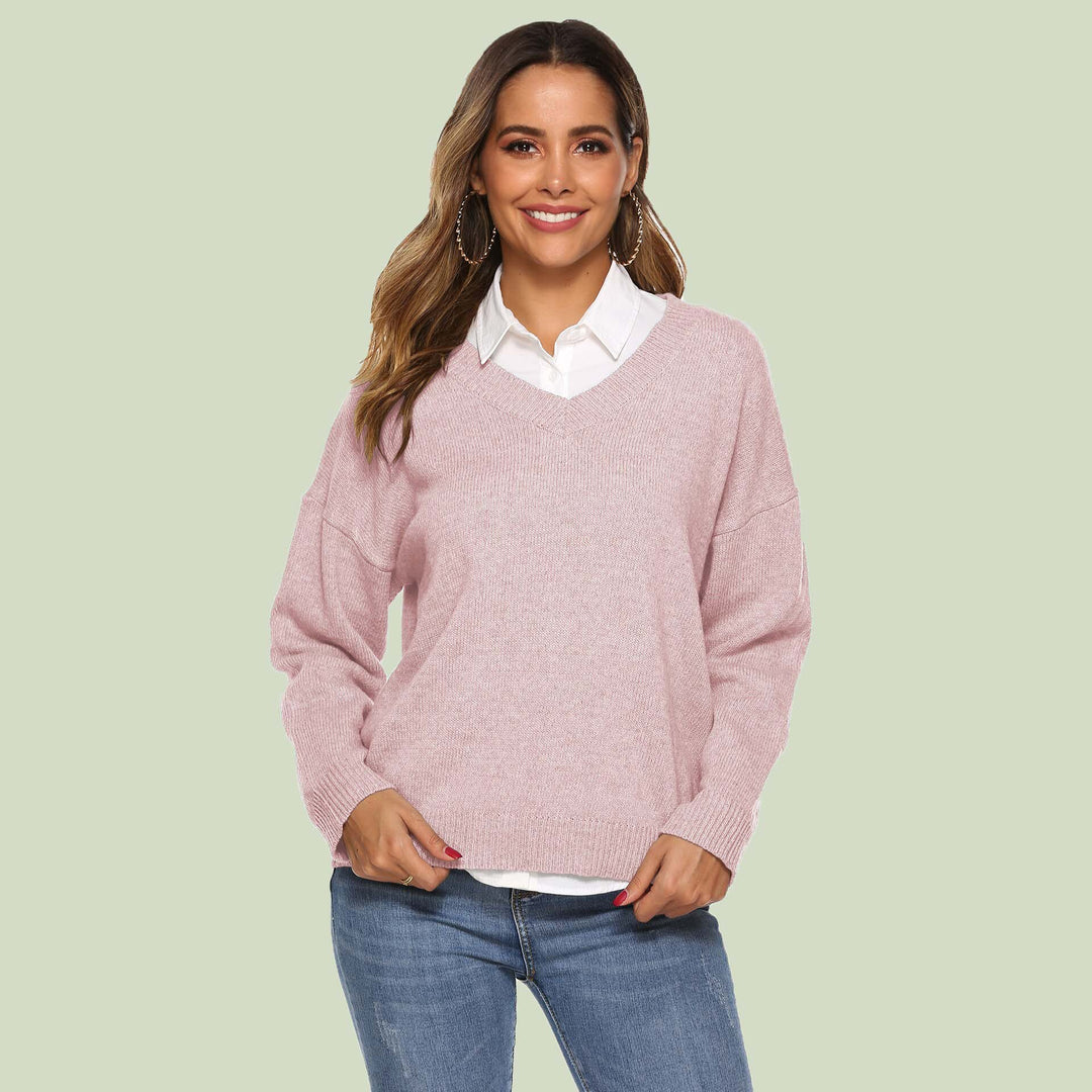 EB | Strickpullover V-Ausschnitt Lockere Passform Lange Ärmel Weich und Bequem