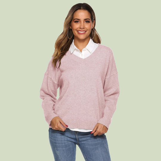 EB | Strickpullover V-Ausschnitt Lockere Passform Lange Ärmel Weich und Bequem
