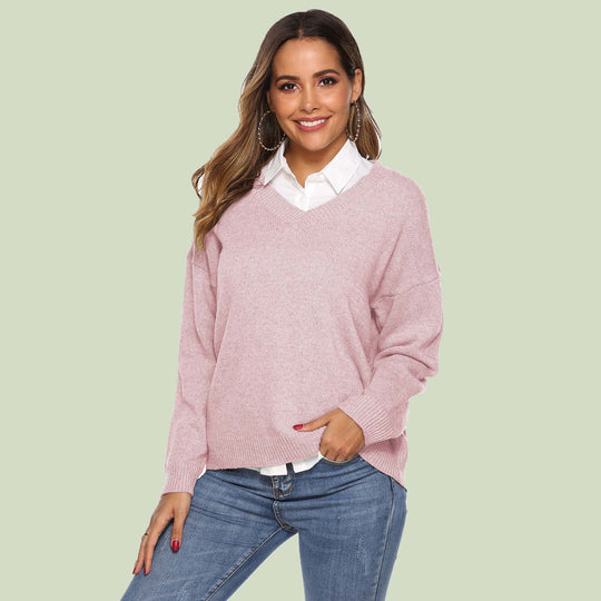 EB | Strickpullover V-Ausschnitt Lockere Passform Lange Ärmel Weich und Bequem