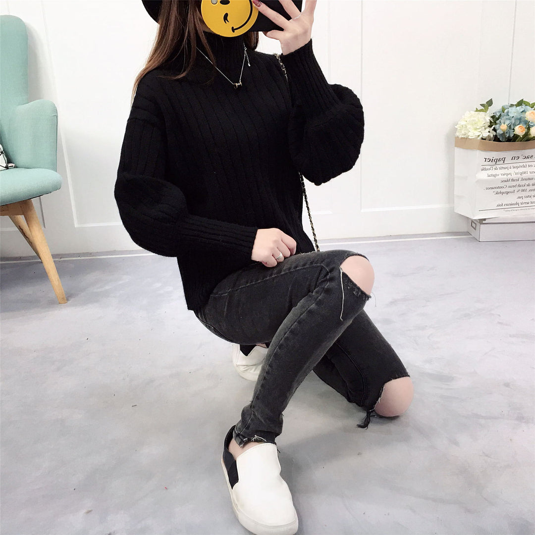 Damen Strickpullover mit hohem Kragen und lässigem Schnitt EB